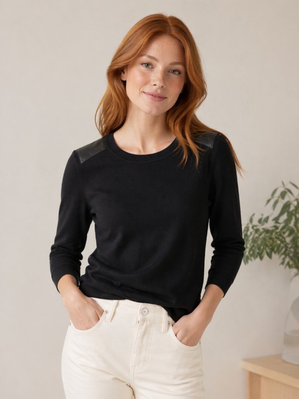 Banana Republic Black Cotton Sweater w/ Faux Leather Shoulder Patches